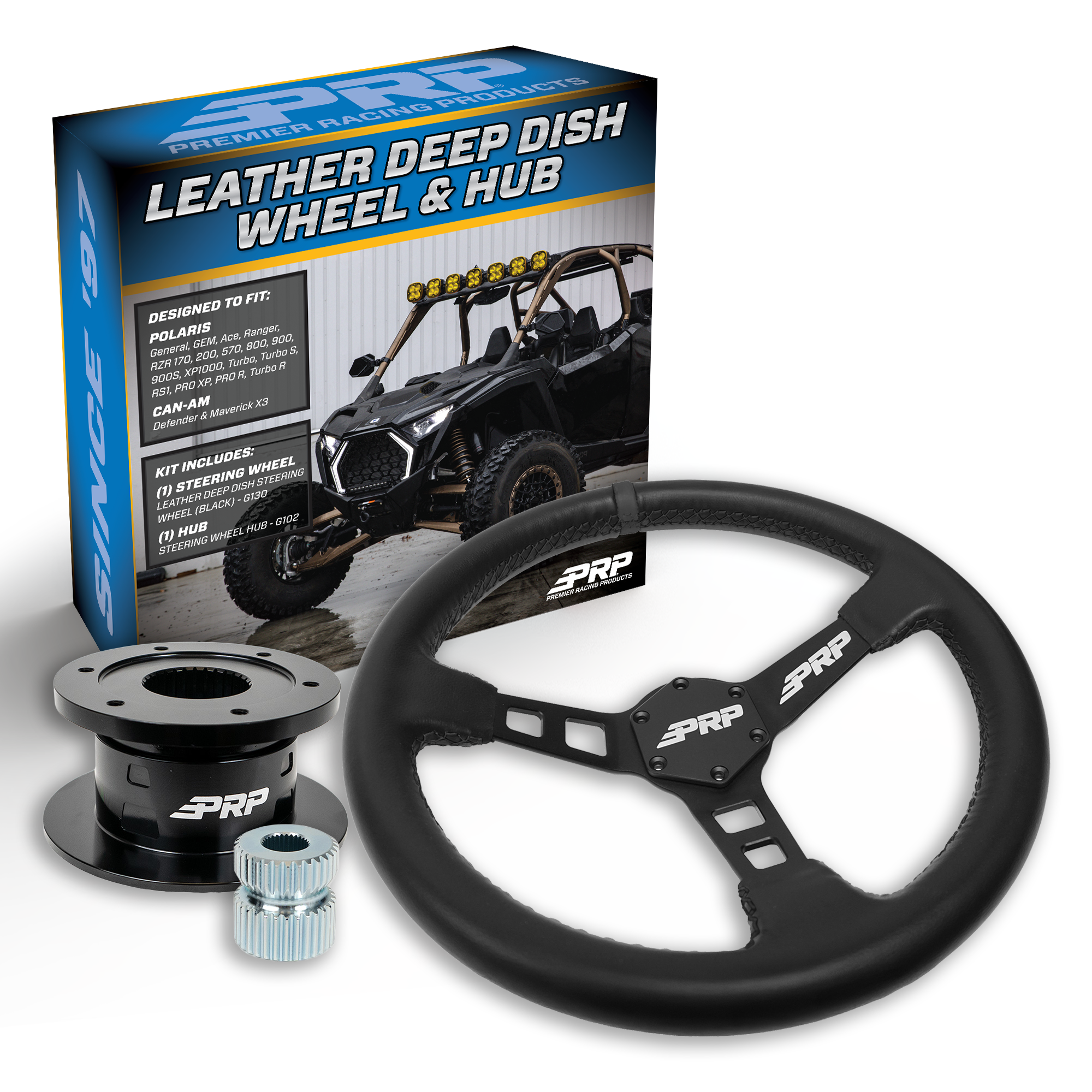 PRP Deep Dish Leather Steering Wheel Kit with Quick Release Hub for Polaris RZR, Can Am X3, Arctic Cat Wildcat, EZ-GO, GEM, John Deere Gator