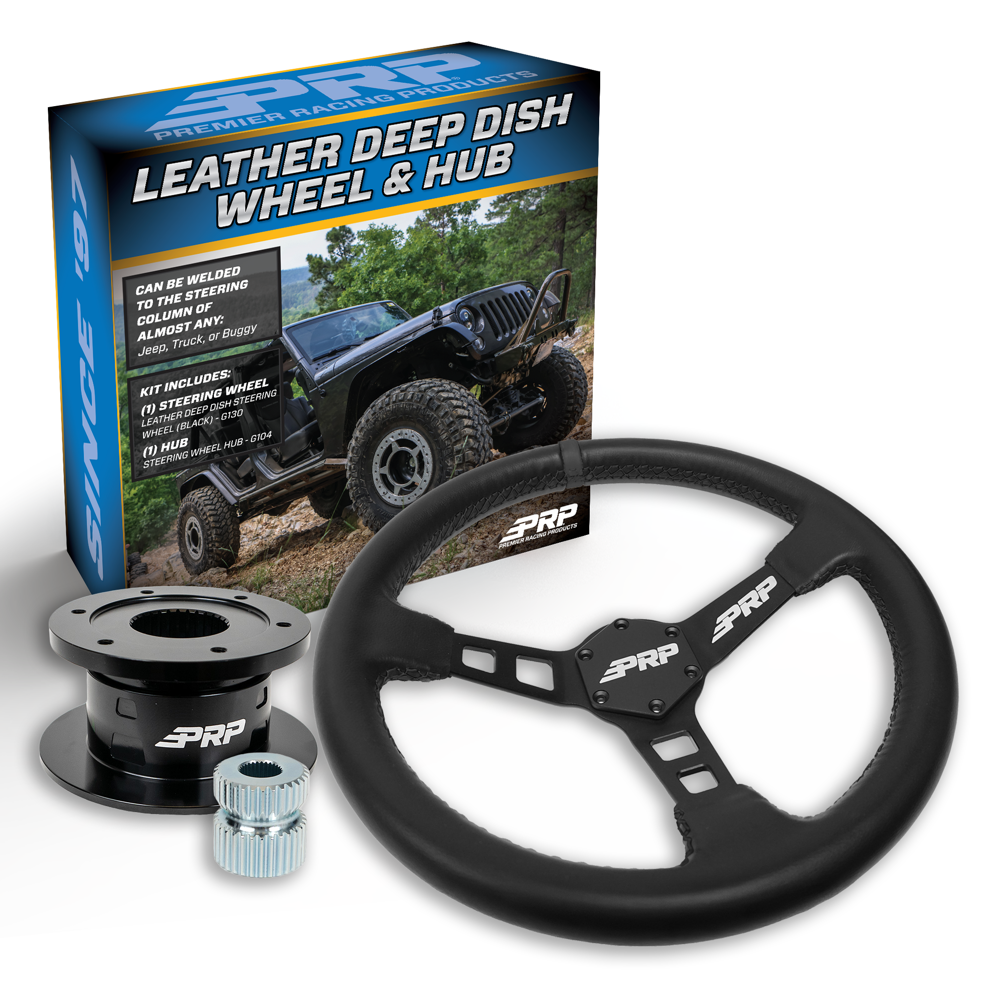 PRP Deep Dish Leather Steering Wheel Kit with Quick Release Hub with Universal Weld on Adaptor