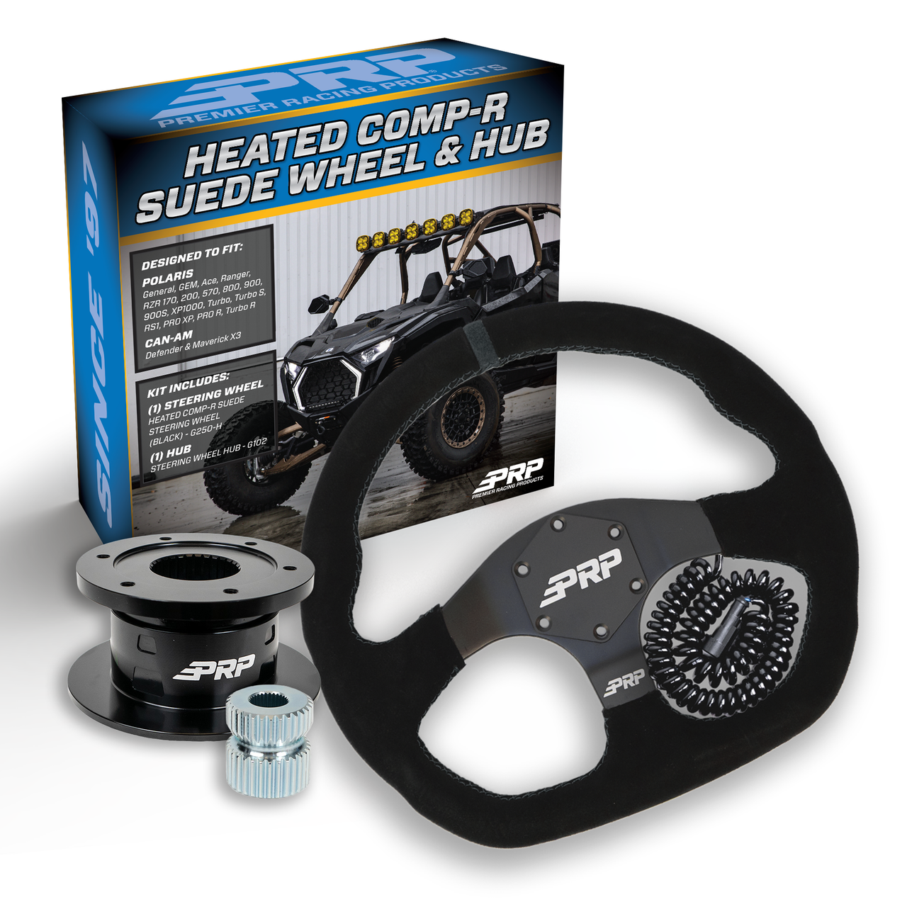 PRP Heated Suede D-Shape Steering Wheel Kit with Quick Release Hub for Polaris RZR, Can Am X3, Arctic Cat Wildcat, EZ-GO, GEM, John Deere Gator