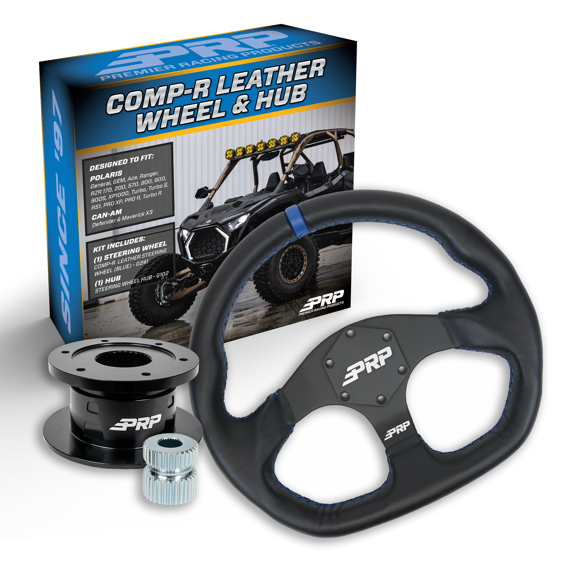 PRP Leather D-Shape Steering Wheel Kit with Quick Release Hub for Polaris RZR, Can Am X3, Arctic Cat Wildcat, EZ-GO, GEM, John Deere Gator