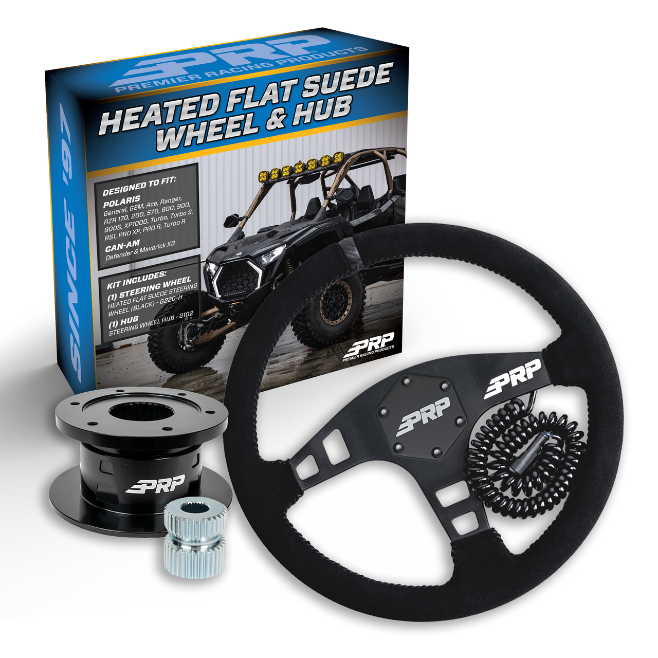 PRP Heated Flat Suede Steering Wheel Kit with Quick Release Hub for Polaris RZR, Can Am X3, Arctic Cat Wildcat, EZ-GO, GEM, John Deere Gator