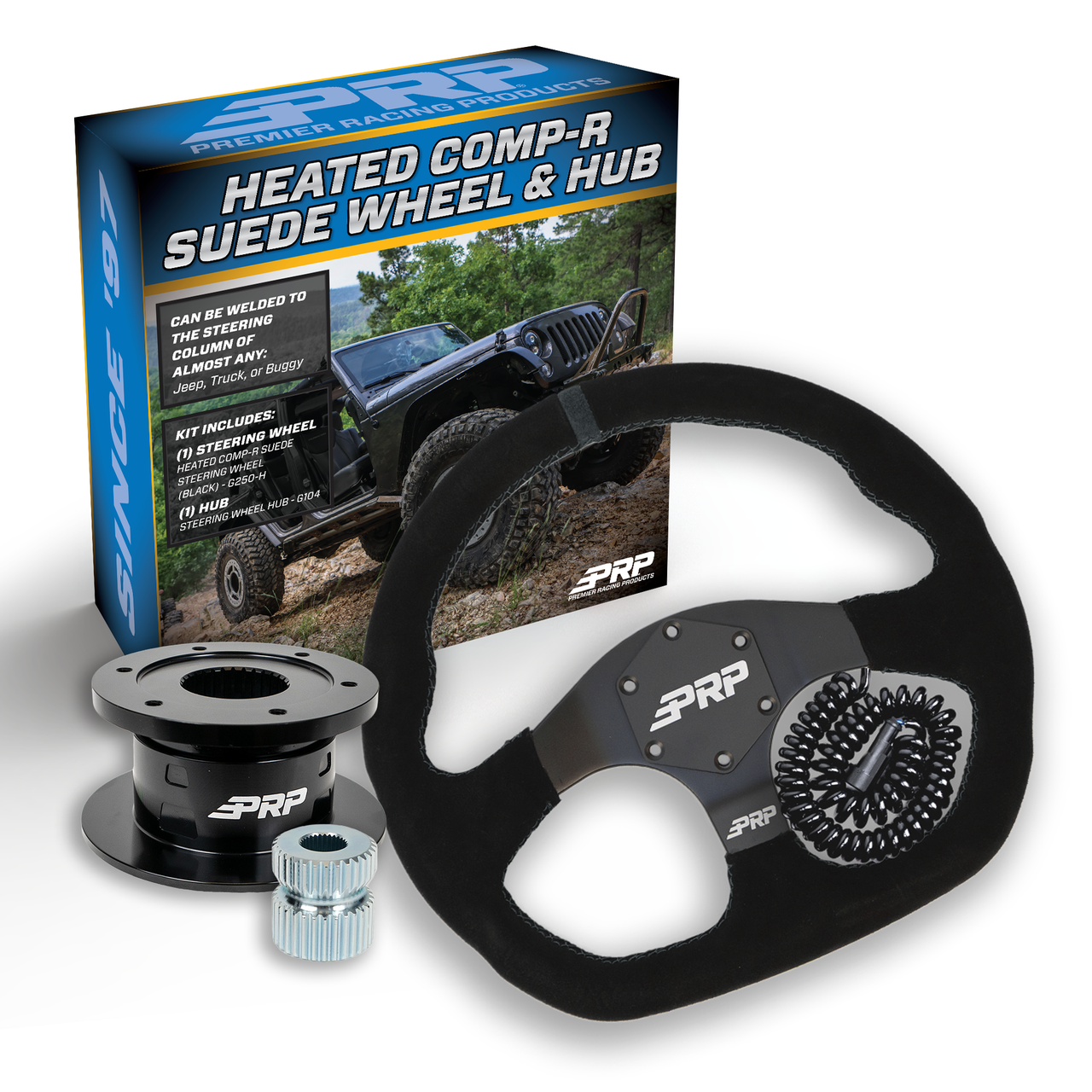 PRP Heated Suede D-Shape Steering Wheel Kit with Quick Release Hub with Universal Weld on Adaptor